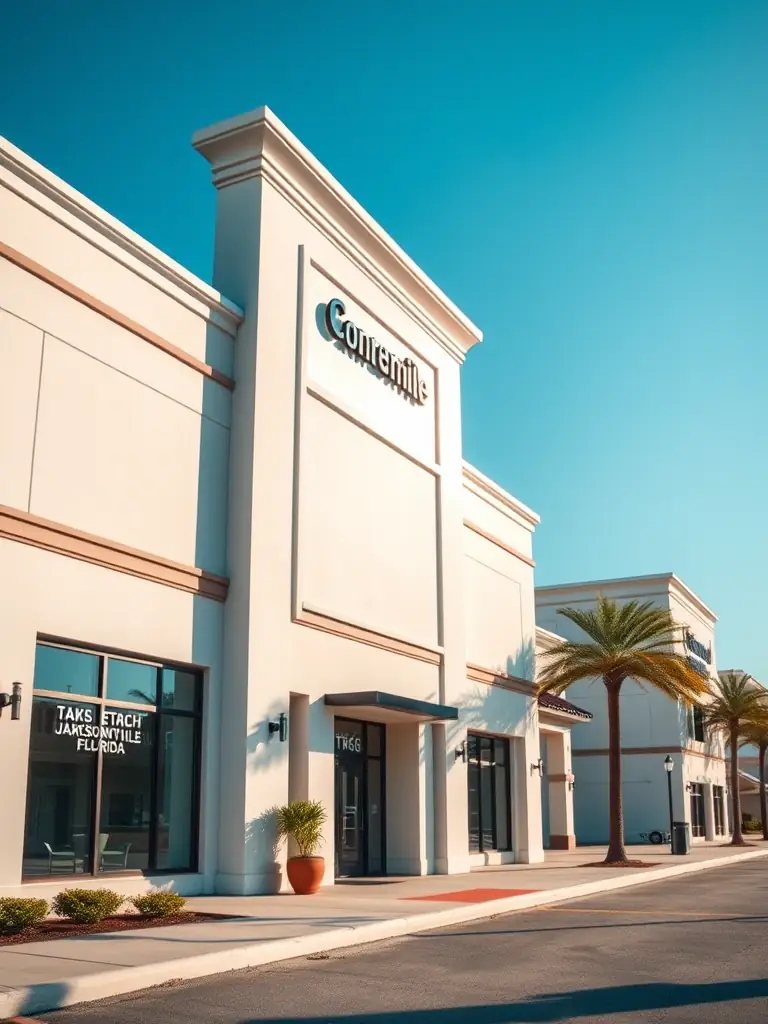 A commercial building in Jacksonville, Florida, undergoing a soft wash cleaning, showcasing a clean and professional exterior.