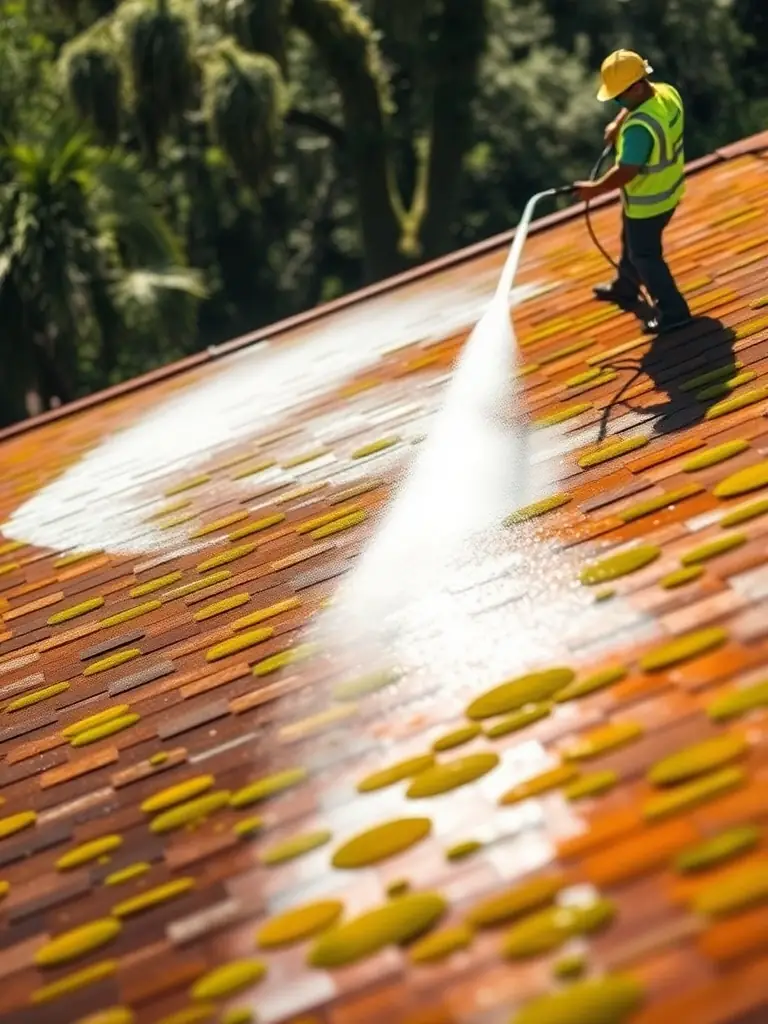 A roof in Jacksonville, Florida, being carefully cleaned with a soft wash system, removing moss and debris without damaging the shingles.
